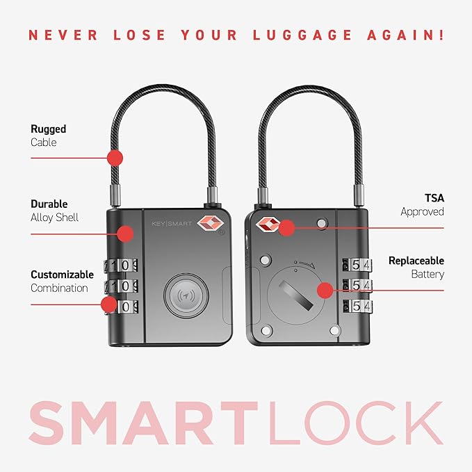 KeySmart SmartLock Tracking Luggage Locks, TSA Locks for Luggage, GPS Tracker, Combination Lock Compatible with Apple Find My App, Best Travel Essentials, Replaceable Non-Rechargeable Battery (1 Pack)