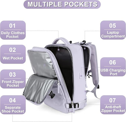 Carry On Backpack Personal Item Travel Backpack For Women Airline/Flight Approved Waterproof Sports Luggage Casual Daypack Small Hiking Backpack Purple