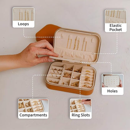 Small Travel Jewelry Box Organizer for women & Girls, Portable Small Travel Jewelry Case Organizer for Traveling, PU Leather Mini Box for Earrings, Necklaces, Rings, Bracelets - Neutral Tan