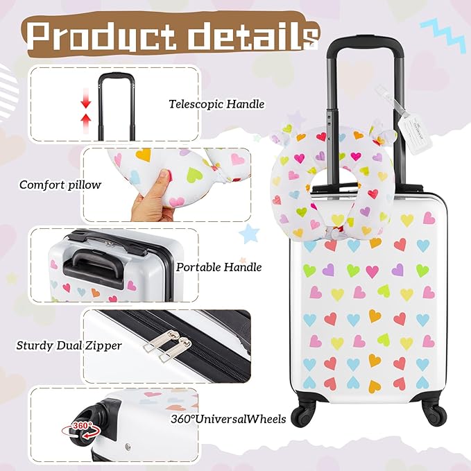 Sanwuta 6 Pcs Kids Luggage Set Kids Rolling Suitcases for Girls(White,18", 20",Heart)