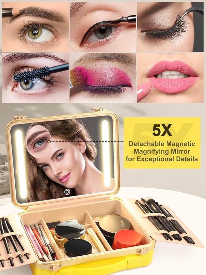 Kalolary Travel Makeup Train Cases with Lighted Mirror 3 Color Setting, Makeup Bag Cosmetic Case Organizer Adjustable Brightness Portable Makeup Storage Box with Detachable 5X Magnifying Mirror Yellow