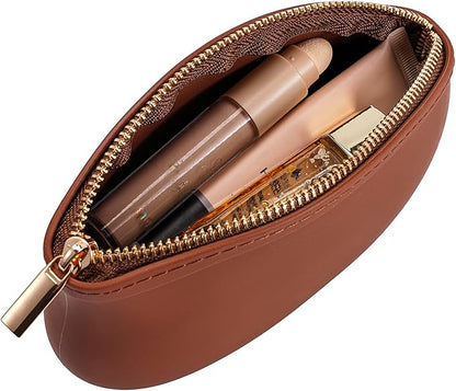 Small Silicone Makeup Bag Premium Purse Bag Multifunctional Essential Bag Zipper Pouch Water and Heat Resistant (Brown)