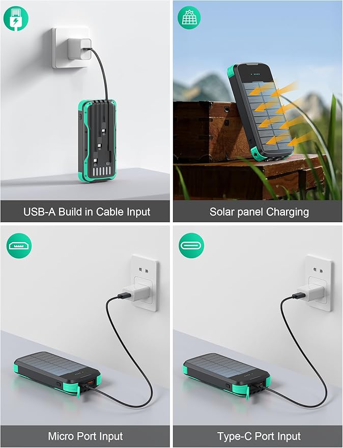 Solar Charger Power Bank, PD 20W Fast Charging External Batter, 40000mAh Portable Phone Charger Built in 4 Cables with Dual Bright Flashlights for Camping, Hiking, and Outdoor Use（Green）
