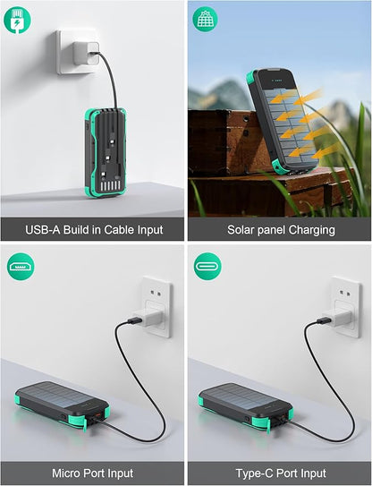 Solar Charger Power Bank, PD 20W Fast Charging External Batter, 40000mAh Portable Phone Charger Built in 4 Cables with Dual Bright Flashlights for Camping, Hiking, and Outdoor Use（Green）