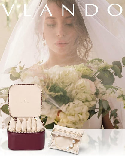 Vlando Small Jewelry Box Organizer,Travel Jewelry Storage with 6 Velvet Jewelry Zipper Pockets,Travel Jewelry Case Birthday Gifts for Women Girls(Red)