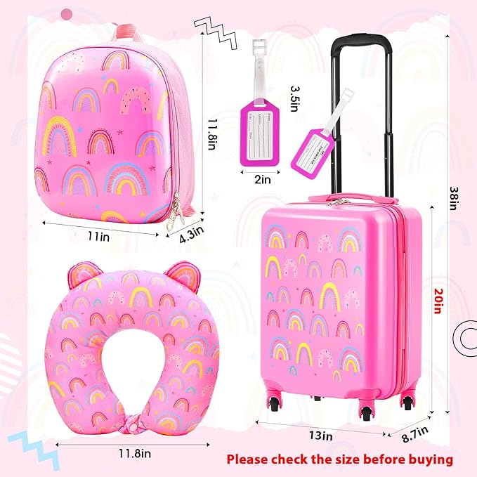 Sanwuta 4 Pcs Kids Luggage Set Backpack Travel Rolling Suitcase U-shape Pillow Christmas Children Gift for Girls Boys(20 Inch,Rainbow Style,Pink)