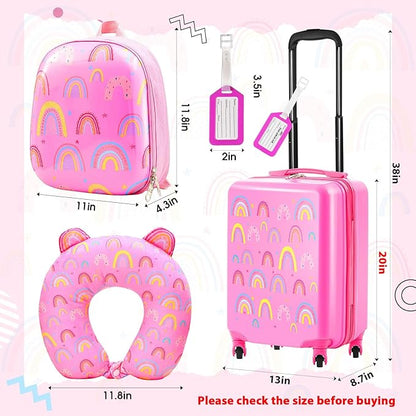 Sanwuta 4 Pcs Kids Luggage Set Backpack Travel Rolling Suitcase U-shape Pillow Christmas Children Gift for Girls Boys(20 Inch,Rainbow Style,Pink)