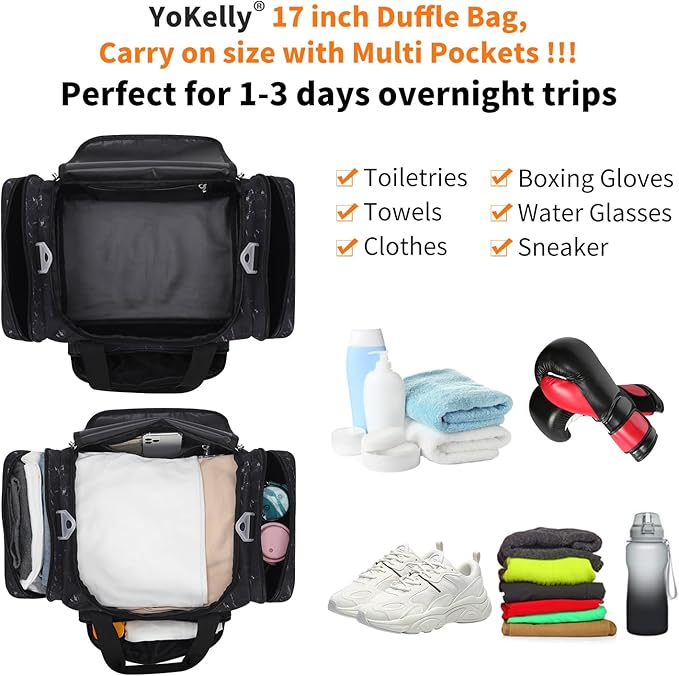 17 inch Small Duffle Bag - Carry On Weekender Bag for Travel Gym Sport - Black Marble