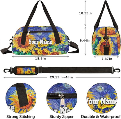 Custom Your Name Oil Painting Sunflower Personalized Text Gym Duffle Bag for Kids,Sports Bag for Teens Boys & Girls Small Waterproof Overnight Weekender Carry School Practice Travel Bag