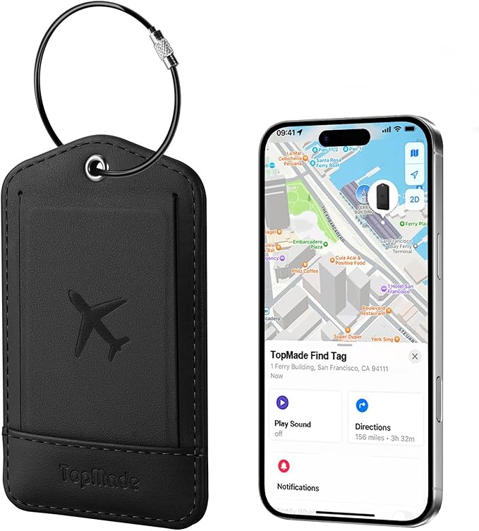 TopMade Smart Luggage Tag with Find My, Premium Leather Luggage Tags for Suitcase, Travel Bags, Backpacks, Anti-Lost Suitcase Tag Tracker for Travel with Privacy Name Card, Rechargeable