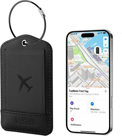 TopMade Smart Luggage Tag with Find My, Premium Leather Luggage Tags for Suitcase, Travel Bags, Backpacks, Anti-Lost Suitcase Tag Tracker for Travel with Privacy Name Card, Rechargeable