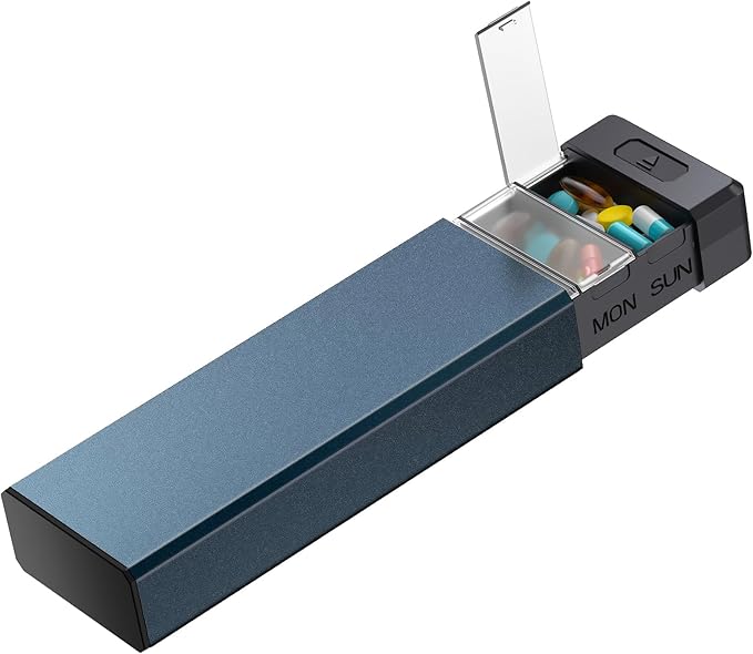 HEIYING 7 Days Pill Organizer with Aluminum Shell for One Week Capacity, Portable Metal Pill Case to Hold Vitamin, Medicine, Supplements