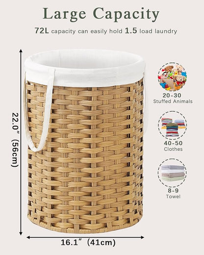 Laundry Hamper Laundry Basket Round 19.0 Gal (72 L) Handwoven Rattan Hamper, Large Wicker Hamper Basket with Removable Liner Bag Handles 2 Mesh Bags for Bathroom Living Room Natural
