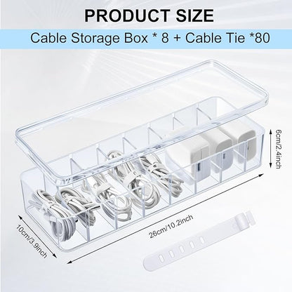 Tatuo 8 Pcs Cable Organizer Box with Wire Ties, Plastic Cord Storage Box with Lid, Electronics Organizer for Home Office Desk Organizers and Accessories (Clear)