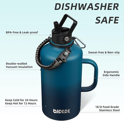 BJPKPK 2/3 Gallon Water Bottle Insulated with Straw Lid, 50oz, 64oz, 87oz, 128oz Large, Stainless Steel Water Bottles with 3 Lids and Paracord Strap, Double Wall Vacuum Metal Water Jug,Vast