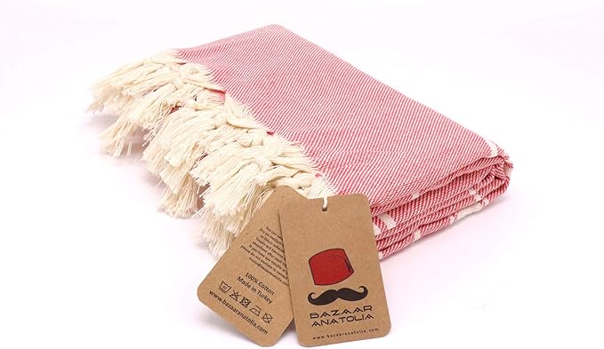 Bazaar Anatolia Turkish Beach Towel – 100% Cotton, Quick Dry, Sand Free Towel for Bathroom, Camping, Travel, Peach – Oversized 71x39 Inches – Stripe Coral