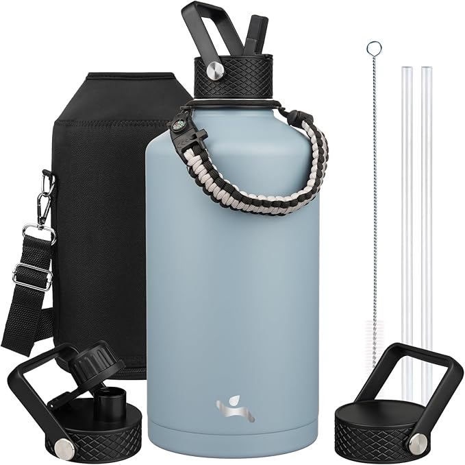 Gallon Insulated Water Bottle with Straw,128 oz 3 Lids Water Jug with Carrying Bag,Paracord Handle, Double Wall Vacuum Stainless Steel Metal Flask,Storm Blue