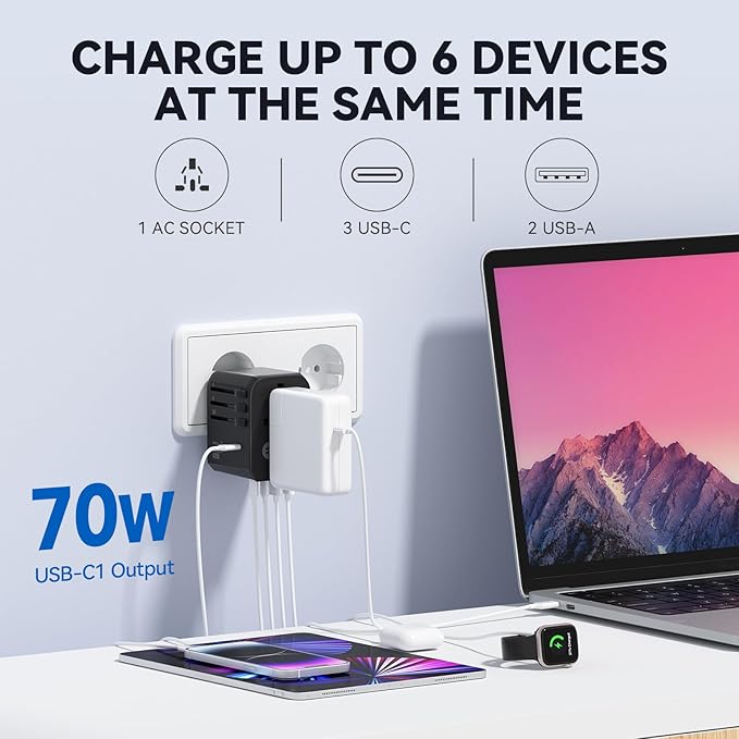 Unidapt Universal Travel Adapter, 70W International Plug Adapter with 3 USB-C PD Fast Charging & 2 USB-A Quick Charger Worldwide Adaptor for USA EU UK AUS Black (JY305-MAX)