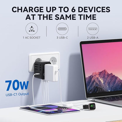 Unidapt Universal Travel Adapter, 70W International Plug Adapter with 3 USB-C PD Fast Charging & 2 USB-A Quick Charger Worldwide Adaptor for USA EU UK AUS Black (JY305-MAX)