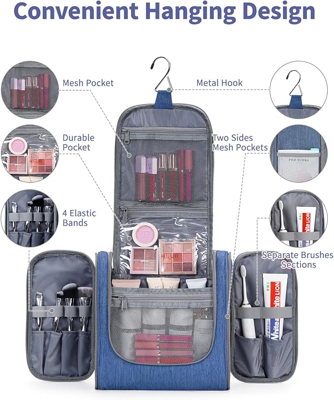 Narwey Hanging Toiletry Bag for Women Travel Makeup Bag Organizer Toiletries Bag Men for Cosmetics Essentials Accessories (Large, Navy Blue)