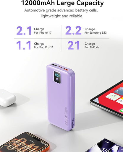 Portable Charger, 12000mAh 22.5W Fast Charging Power Bank with Built-in Cables & Wall Plug, Travel Essentials Battery Pack with LED Display, USB C External Battery Bank for iPhone iPad, Samsung Purple