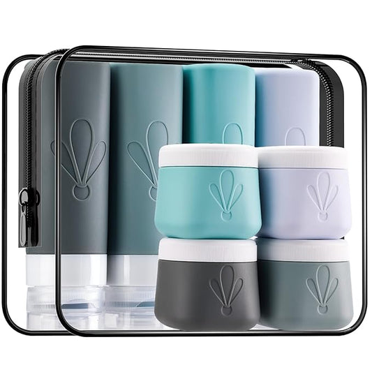 INSFIT 8 Pack Silicone Travel Bottles & Cream Jars with Toiletry Bag, 3oz Leakproof Containers & 2oz Jars with Waterproof Labels, BPA-Free Squeezable Toiletries Set for Shampoo, Lotion, Cosmetics