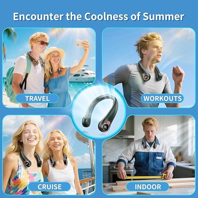 Portable Neck Fan with 6000mAh USB - Rechargeable Battery, 360° Cooling Wearable Fan, 3 Speeds, Ultra-Light Bladeless Neck Fan LED Display (Green)