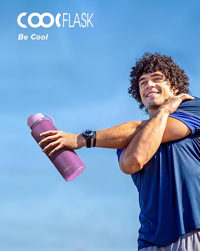 Coolflask Water Bottle 40 oz Insulated with Straw, Stainless Steel Metal 3 Lids Water Flask for Sports or Office, Keep Cold 48H Hot 24H, Glitter Pink