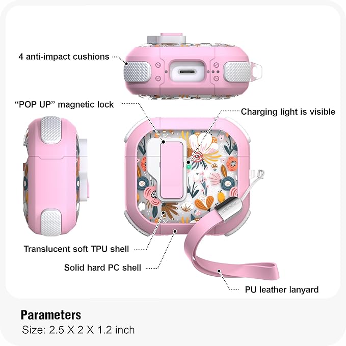 WENEW Case for AirPods 4th Case Cover Secure Lock Automatic Snap Switch Clip Cleaner Kit Lanyard Women Stylish Flower Armour Hard Shell Full Body Front LED Visible (Pink Flower, AirPods 4th)