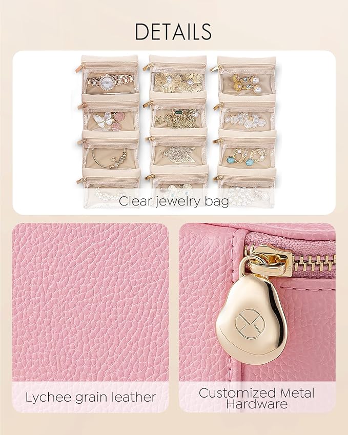 Vlando Jewelry Travel Case with 12 Velvet Jewelry Bags Travel Jewelry Orgainzer for Girls Jewelry Box for Necklace Rings Earrings Bags Christmas Gifts for Women Girls(Pink)