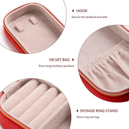 BONNY DODO Small Travel Jewelry Organizers Box for women with PU Leather Portable Mini Jewelry Case with compartments for Necklace Rings Earrings,Luxury Giftable boxes. (Red, S)