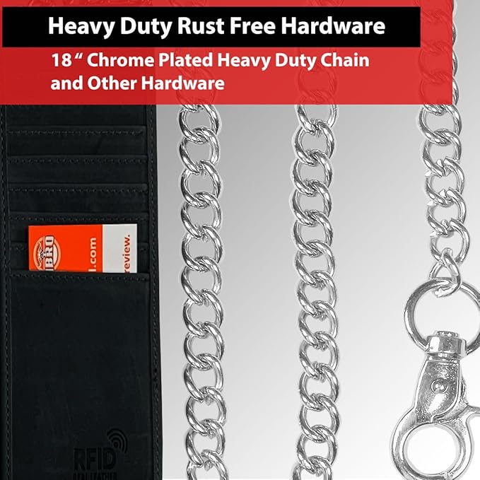 IBRO VINTAGE Motorcycle Chain Wallet for Men – Premium Cowhide Leather, RFID Tri-Fold Biker Wallet with Heavy Duty Chain for Bikers Truckers & Hunters, Credit Card Money Organizer Long Wallet
