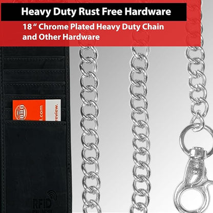 IBRO VINTAGE Motorcycle Chain Wallet for Men – Premium Cowhide Leather, RFID Tri-Fold Biker Wallet with Heavy Duty Chain for Bikers Truckers & Hunters, Credit Card Money Organizer Long Wallet