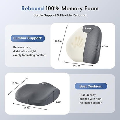 FLORICH Seat Cushion and Lumbar Support Pillow for Office Chair Car, Ergonomic Memory Foam Back Support for Office Gaming Chair Driving Seat Wheelchair, Relieves Neck, Back & Sciatica Pain – Gray