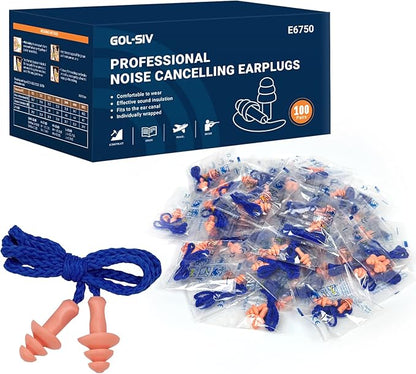 100 Pairs Silicone Corded Ear Plugs SNR 32dB - Reusable Noise Reduction Earplugs with String,Individually Wrapped,for Work & Construction Site,Orange