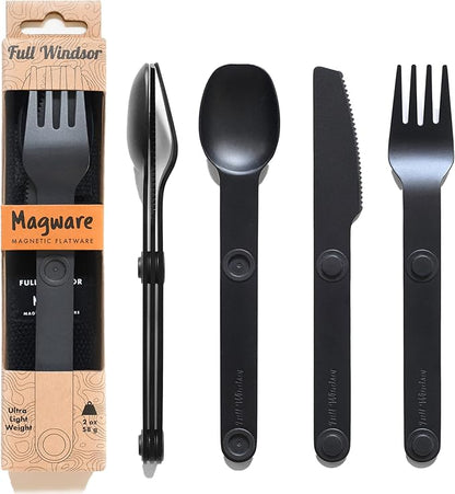 FULL WINDSOR - MAGWARE Magnetic Camping Cutlery Set - Travel Utensils for Camping, Cooking, and Outdoor Dining - Knife, Fork & Spoon - Portable Silverware with Pouch for Backpacking - Black (3 PCS)