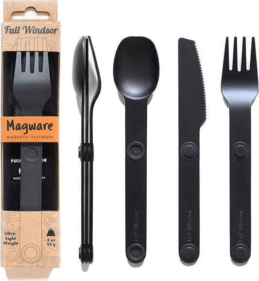FULL WINDSOR - MAGWARE Magnetic Camping Cutlery Set - Travel Utensils for Camping, Cooking, and Outdoor Dining - Knife, Fork & Spoon - Portable Silverware with Pouch for Backpacking - Black (3 PCS)