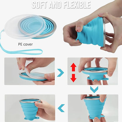 JBER Silicone Collapsible Travel Cup, 4 Pack Silicone Folding Camping Cup with Lids Expandable Drinking Cup Set BPA Free Reusable Portable Graduated for Outdoor Hiking Travel