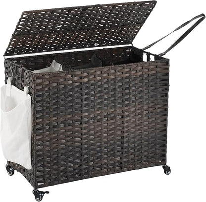 Laundry Hamper with Wheels, 52.8 Gallon(200L) Rolling Laundry Basket with Lid, Removable Large 3 Color Liners & 3 Mesh Laundry Bags, Clothes Hamper with Side Pocket, Brown