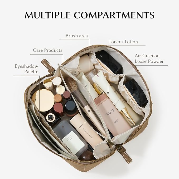 EACHY Travel Makeup Bag, Faux Suede Cosmetic Bags for Women,Large Capacity Portable Pouch Open Flat Toiletry Bag Make up Organizer with Divider and Handle