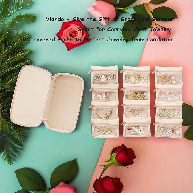 Vlando Travel Jewelry Box Organizer - 12 Small Velvet Zipped Pouches Pockets for Jewelries Necklaces Rings Earrings Sorting Storage, Baby Blue