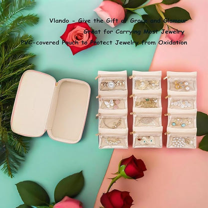 Vlando Travel Jewelry Box Organizer - 12 Small Velvet Zipped Pouches Pockets for Jewelries Necklaces Rings Earrings Sorting Storage, Baby Blue