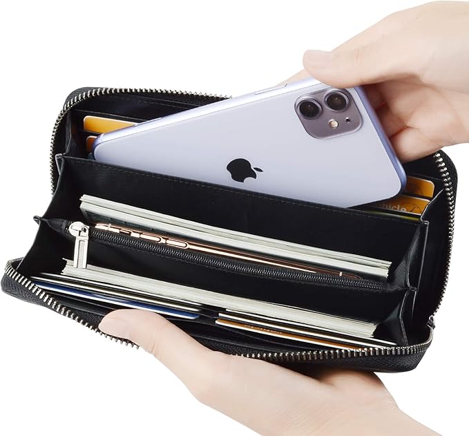 VISOUL Leather Long Zippered Pouch Wallet for Men with RFID Blocking, Large Carbon Fiber Leather Clutch Cash Long Wallet with Zipper (Black+Black)