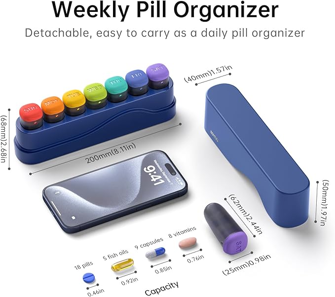 Weekly Pill Organizer 1 Time a Day, KOVIUU Removable Pill Box 7 Day, Portable Travel Pill Case, Once Daily Medication Container Holder, Week Pillbox Dispenser for Vitamin Medicine Supplement, Blue