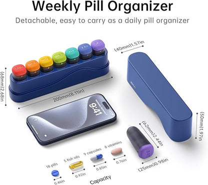 Weekly Pill Organizer 1 Time a Day, KOVIUU Removable Pill Box 7 Day, Portable Travel Pill Case, Once Daily Medication Container Holder, Week Pillbox Dispenser for Vitamin Medicine Supplement, Blue