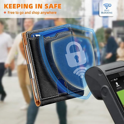 Genuine Leather Wallet for Men, Slim Bifold RFID Blocking with Zipper Coin Pocket, Minimalist Design for Travel and Daily Use (Carbon Fiber Black)