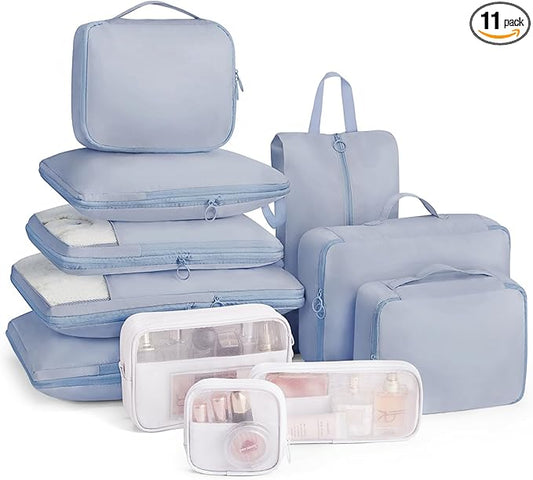 Compression Packing Cubes - 11 Set Suitcase Organizers, Expandable Luggage Bags with Blue Travel Essentials