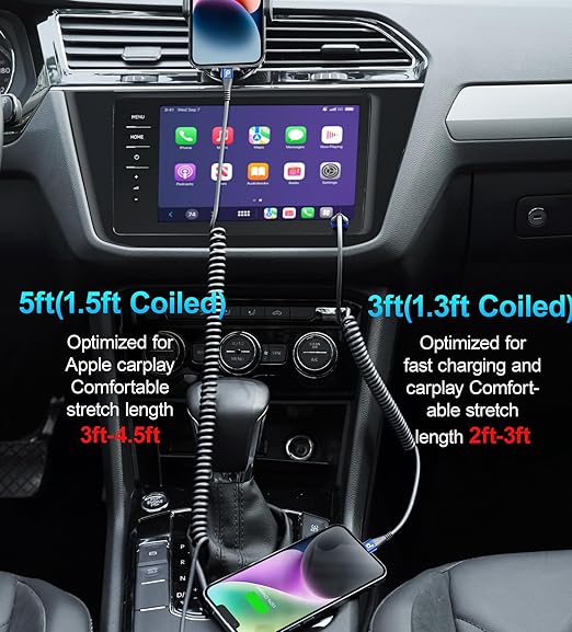 iPhone Charger Cable for Car 3FT, 2Pack Coiled Lightning Cable, [Apple MFi Certified] Retractable Charging Cord Compatible with iPhone 14/13/12/11 Pro Max/XS MAX/XR/XS/8/iPad/iPod/CarPlay-Blue