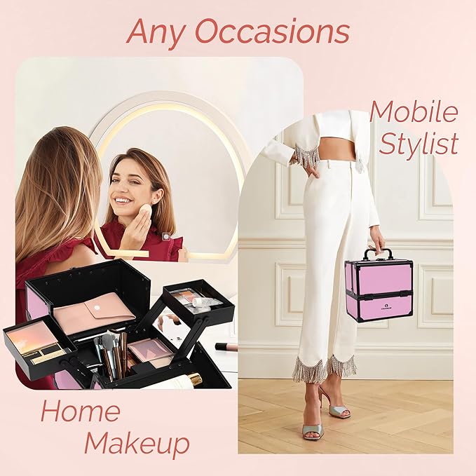 Makeup Train Case 2 Trays Makeup Box Organizer Portable Travel Makeup Case Lockable Makeup Storage Organizer Cosmetic Box for Jewelry Nail Tech Brushes Accessories Tool,Black Pink Pro