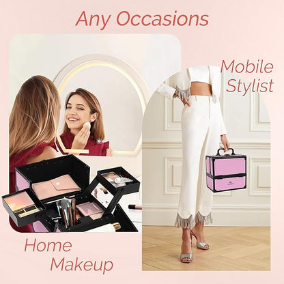 Makeup Train Case 2 Trays Makeup Box Organizer Portable Travel Makeup Case Lockable Makeup Storage Organizer Cosmetic Box for Jewelry Nail Tech Brushes Accessories Tool,Black Pink Pro